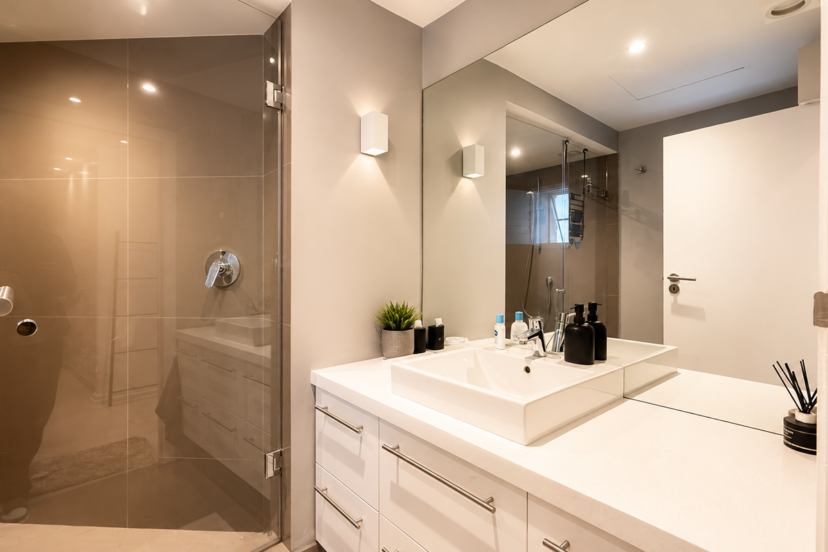 Modern bathroom featuring a sleek vanity with countertop basin, large wall mirror, and a spacious glass-enclosed shower with contemporary fixtures.