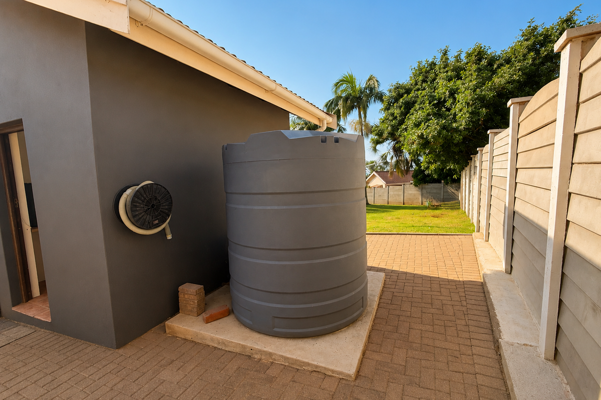 Rear exterior area featuring a large water storage tank, paved flooring, and secure perimeter walling.