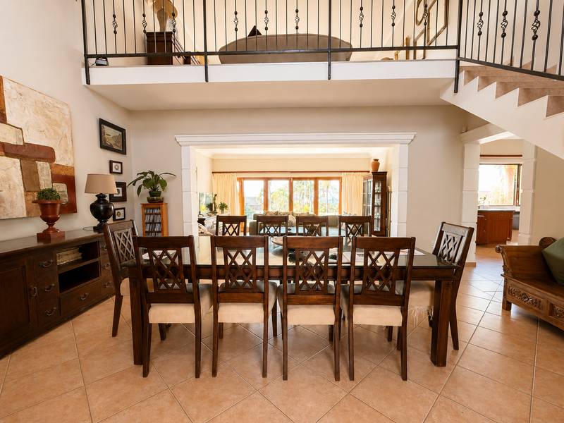 Spacious dining area featuring tiled floors, an open-plan layout with a mezzanine level above, and a decorative wrought iron balustrade.