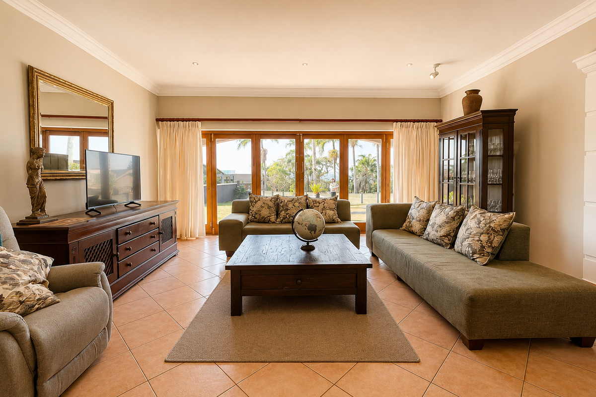 Spacious living room featuring tiled flooring, crown molding, recessed lighting, and large wooden-framed glass sliding doors providing access to the outdoor area.