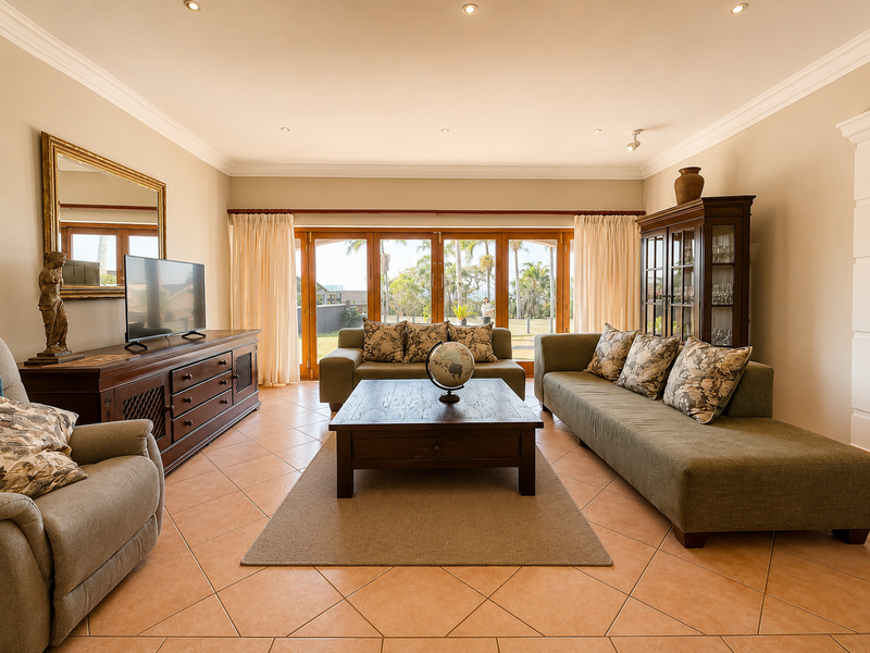 Spacious living room featuring tiled flooring, crown molding, recessed lighting, and large wooden-framed glass sliding doors providing access to the outdoor area.