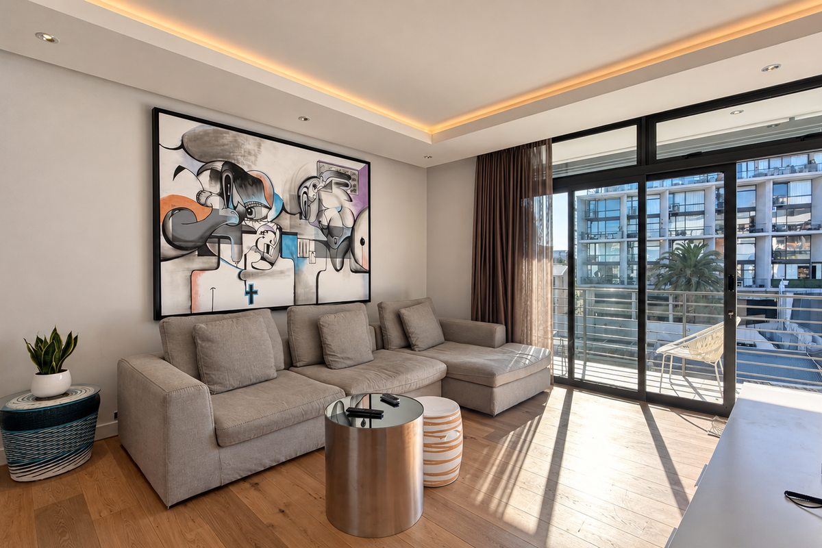 Modern living room featuring hardwood flooring, recessed cove lighting, and large sliding glass doors providing access to a private balcony.