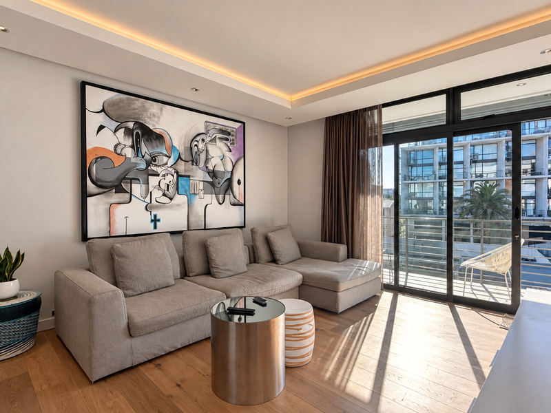 Modern living room featuring hardwood flooring, recessed cove lighting, and large sliding glass doors providing access to a private balcony.
