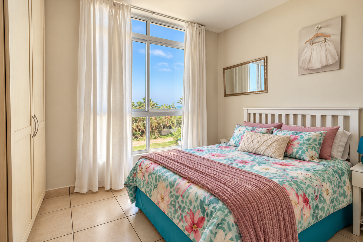 A bright and well-maintained bedroom featuring tiled flooring, a built-in wardrobe, and a large window offering pleasant natural light and outdoor views.