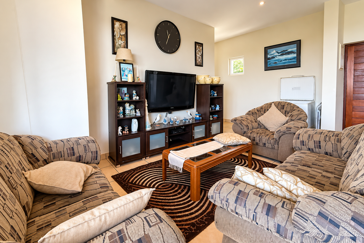 A comfortable living room featuring tiled flooring, recessed downlighting, and a neutral color palette, providing a functional space for relaxation.