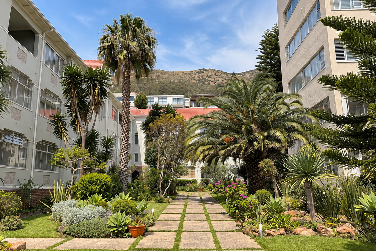 A well-maintained central courtyard garden featuring a paved walkway between two apartment building wings with mature palm trees and established landscaping.