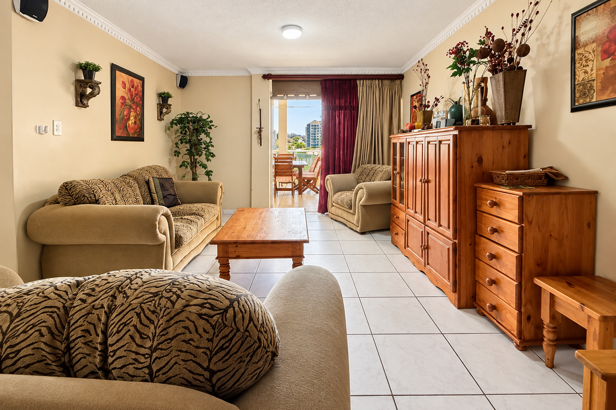 A spacious living room featuring tiled flooring and crown molding, with direct access to an outdoor balcony area.