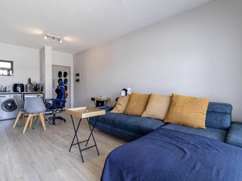 Open-plan living area featuring light laminate flooring and a compact kitchen corner with built-in cabinetry and sink.
