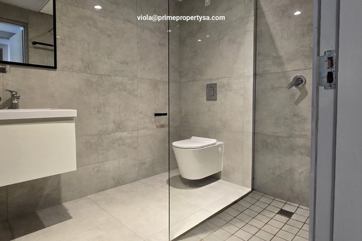 Modern bathroom featuring a wall-mounted vanity, wall-hung toilet, and a spacious walk-in shower with a glass screen and contemporary grey tiling.