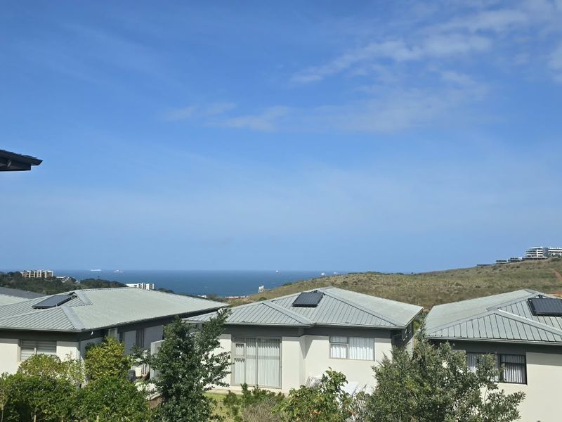A scenic elevated view overlooking a residential neighborhood with a clear outlook towards the coastline and ocean.