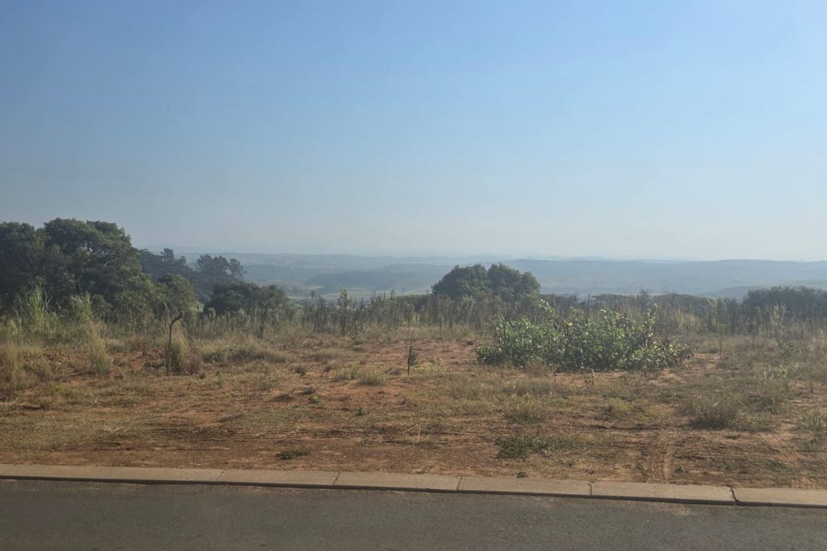 A view of an undeveloped residential plot featuring natural vegetation and distant rolling hills, accessible from a paved road.