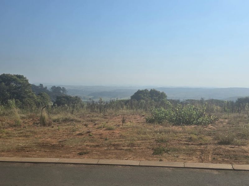 A view of an undeveloped residential plot featuring natural vegetation and distant rolling hills, accessible from a paved road.