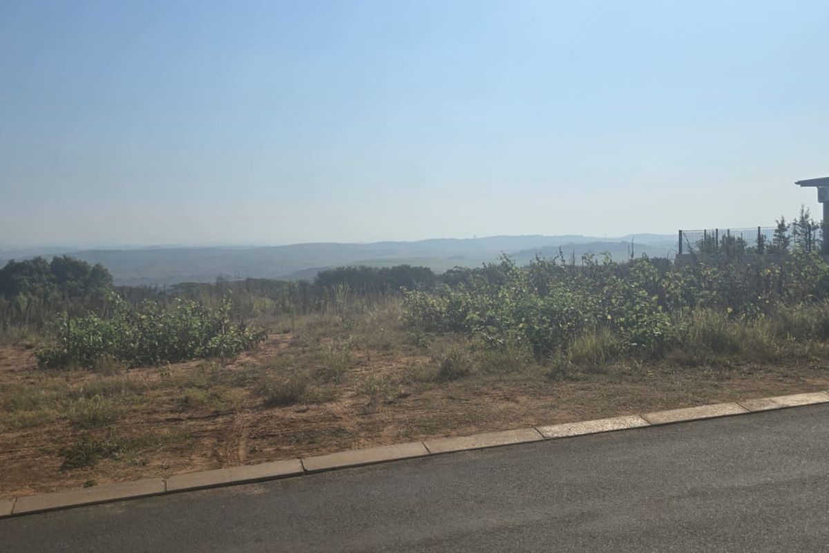 A view of a vacant residential plot featuring natural vegetation, paved road access, and distant landscape vistas.