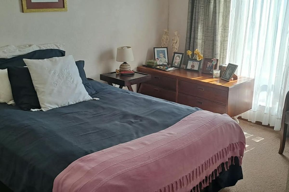 A standard bedroom featuring carpeted flooring and natural light through window treatments.