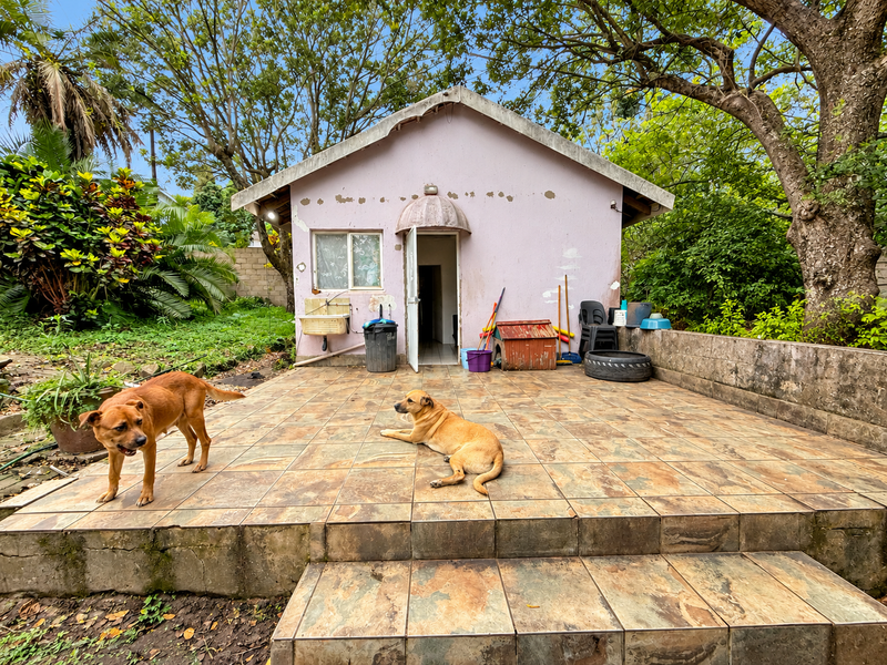 Rear exterior view featuring a tiled patio area, an external utility sink, and a detached structure with visible exterior wall maintenance requirements.