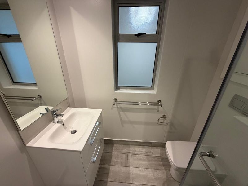 A modern, clean bathroom featuring a sleek vanity, wall-hung toilet, shower enclosure, and contemporary wood-look tiled flooring with ample natural light.