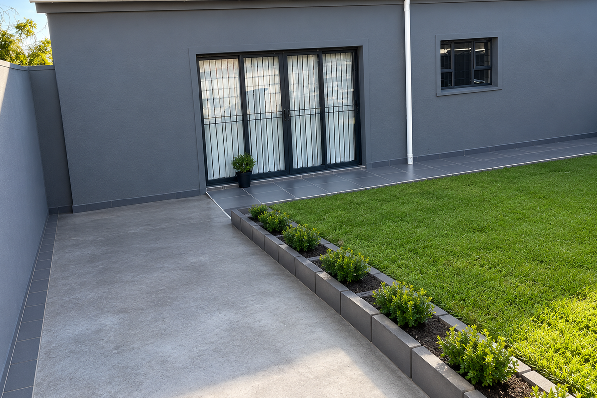 A well-maintained rear exterior featuring a modern tiled patio, dark grey facade, aluminium sliding doors, and a neat lawn with structured garden edging.