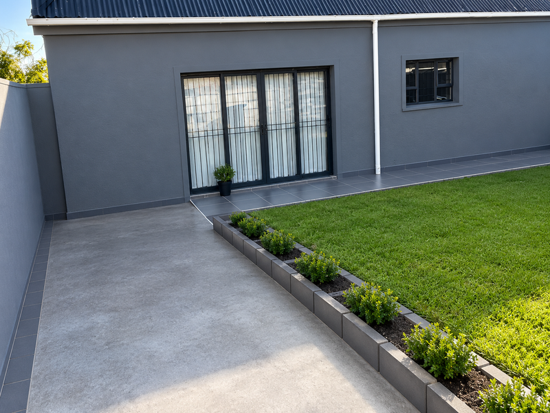 A well-maintained rear exterior featuring a modern tiled patio, dark grey facade, aluminium sliding doors, and a neat lawn with structured garden edging.