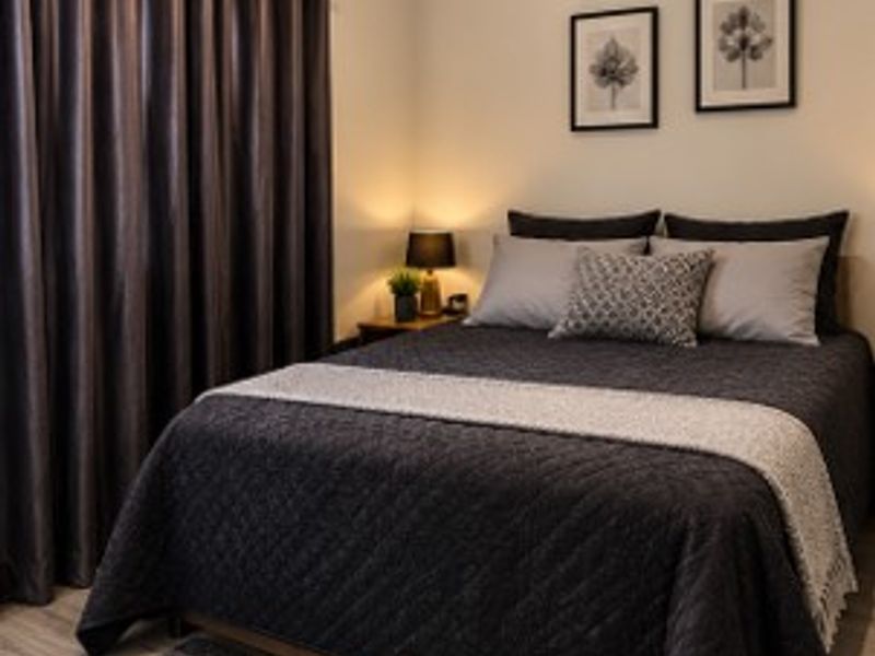 A cozy bedroom featuring neutral wall finishes and full-length window curtains.
