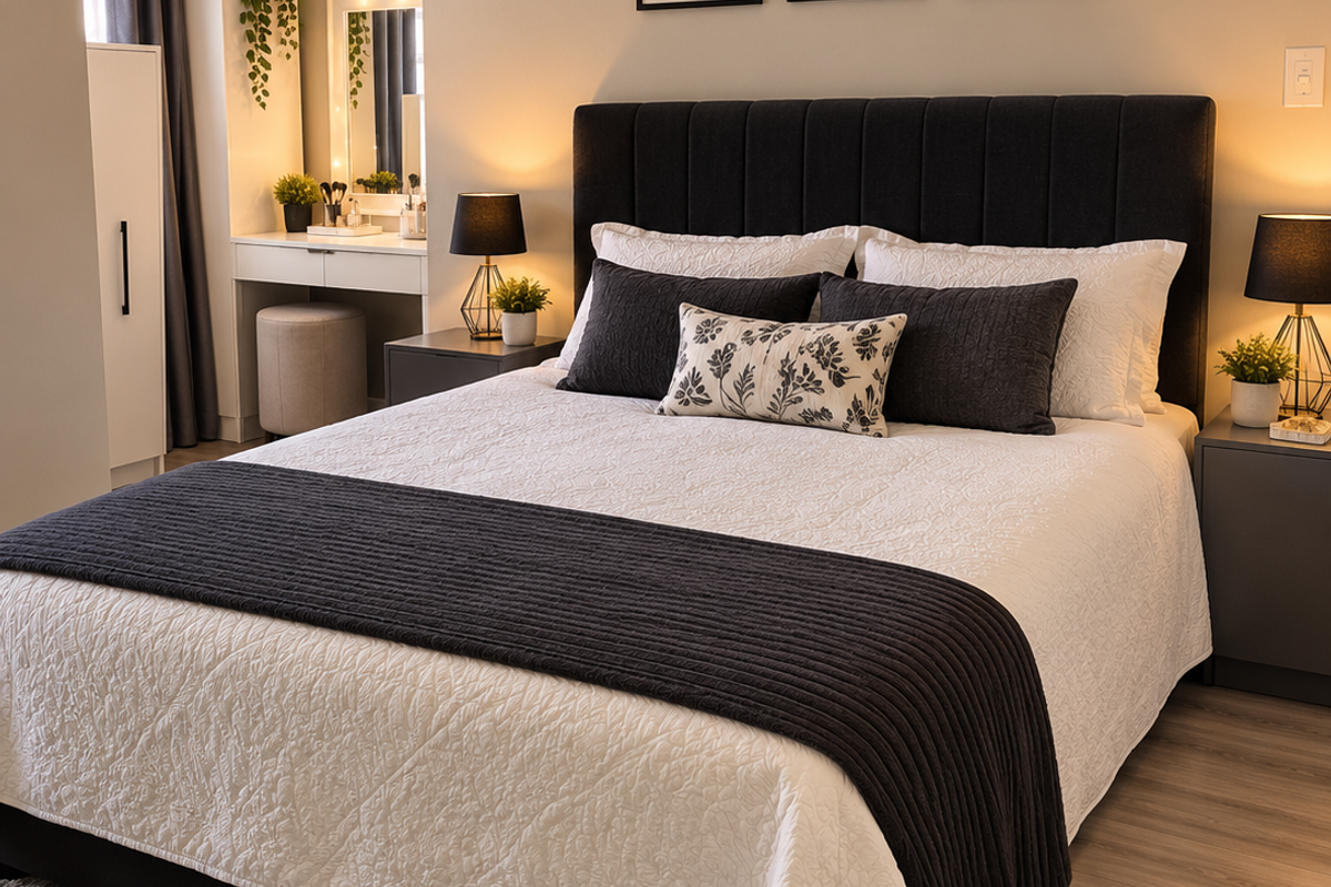 A well-appointed bedroom featuring laminate flooring, a built-in vanity area, and modern neutral finishes, creating a comfortable and inviting sleeping space.