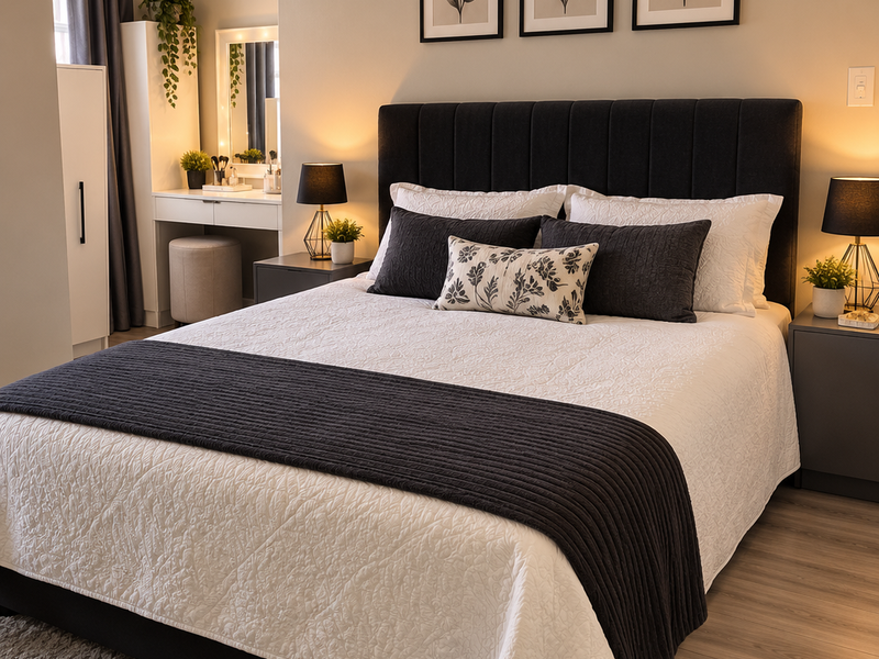 A well-appointed bedroom featuring laminate flooring, a built-in vanity area, and modern neutral finishes, creating a comfortable and inviting sleeping space.