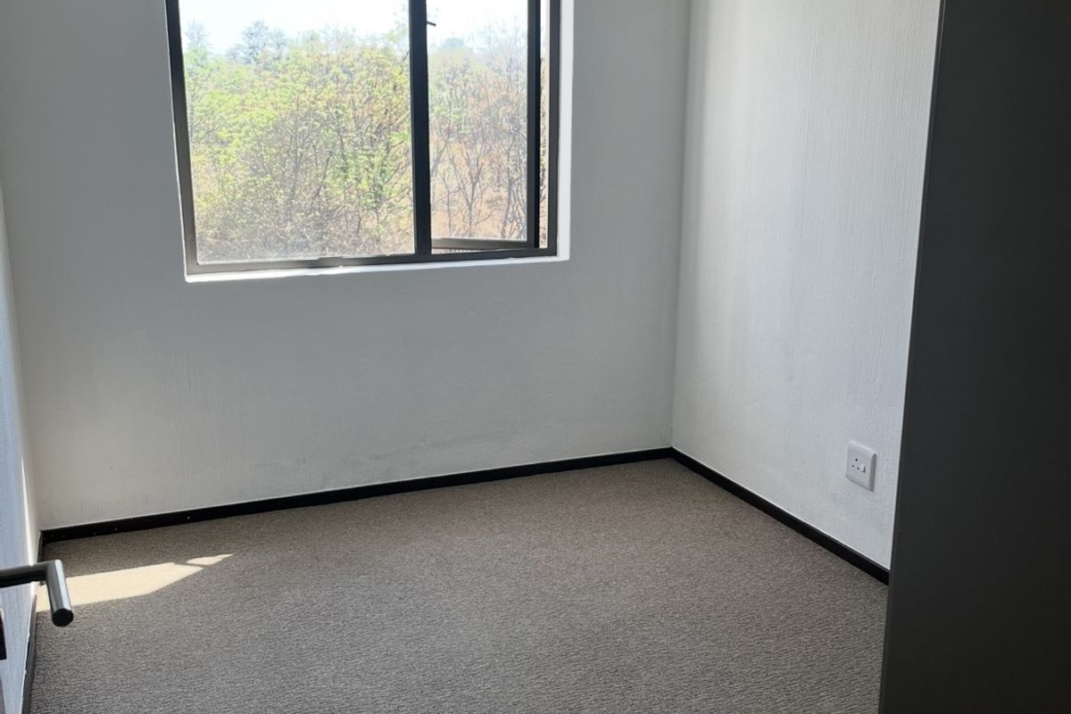 A clean, empty bedroom featuring neutral carpeting, white walls, and an aluminium-framed window providing natural light.