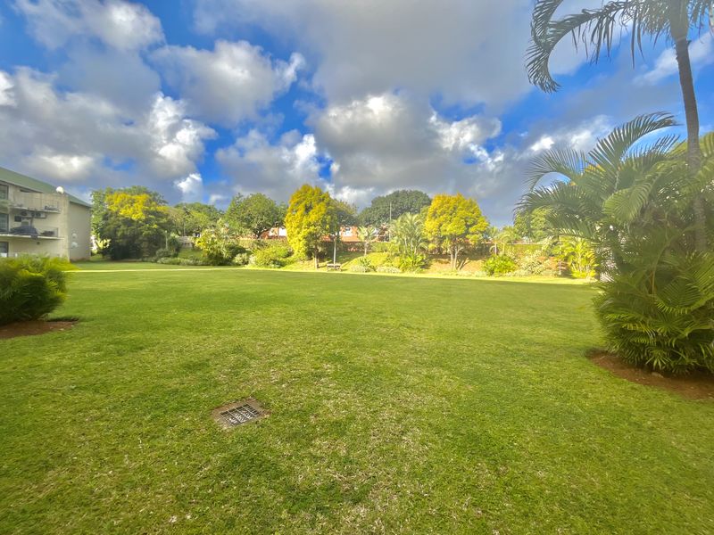 A well-maintained communal garden area featuring expansive green lawns and mature palm trees within the apartment complex grounds.