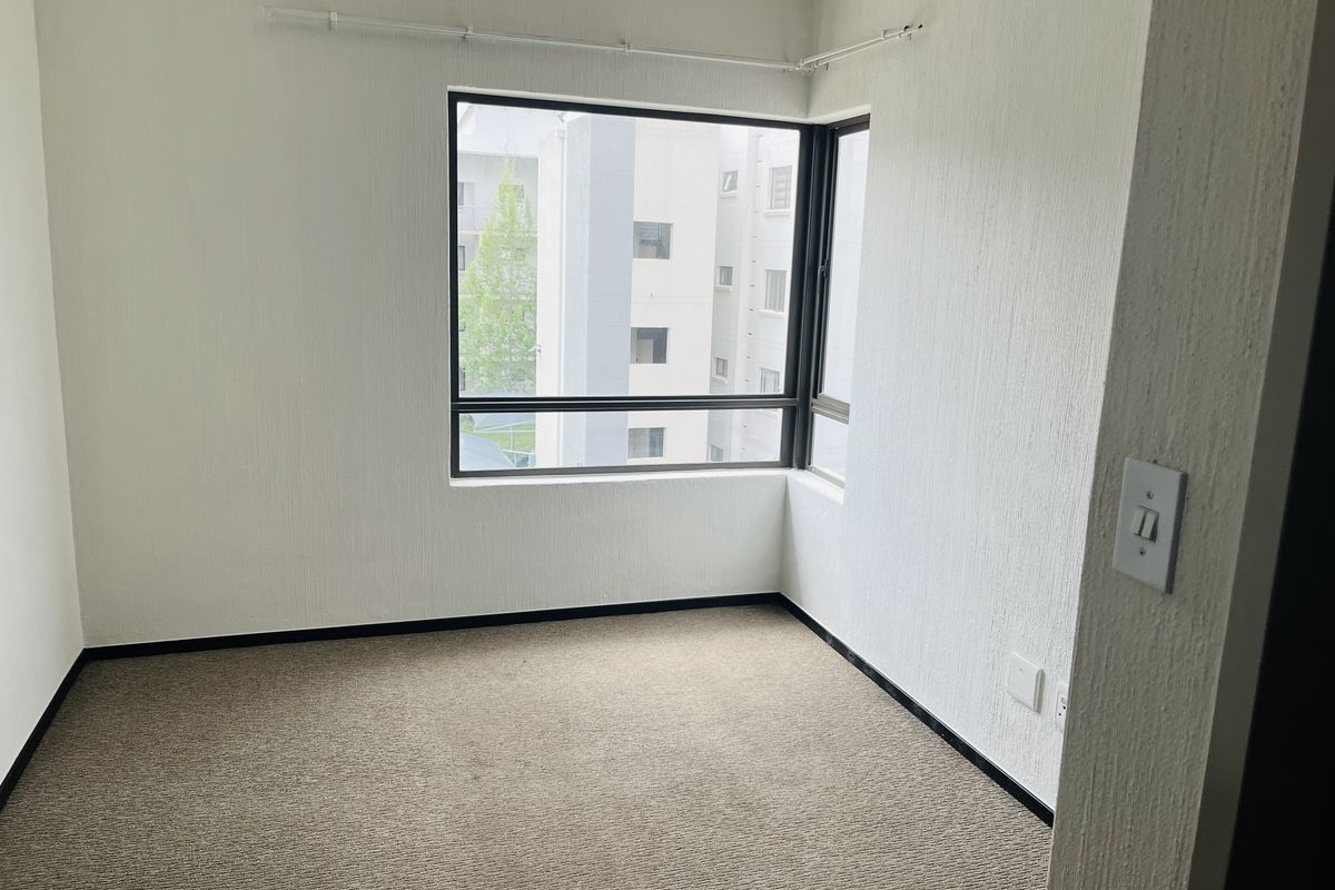 An empty bedroom featuring textured walls, carpeted flooring, and a corner window providing natural light and an urban view.