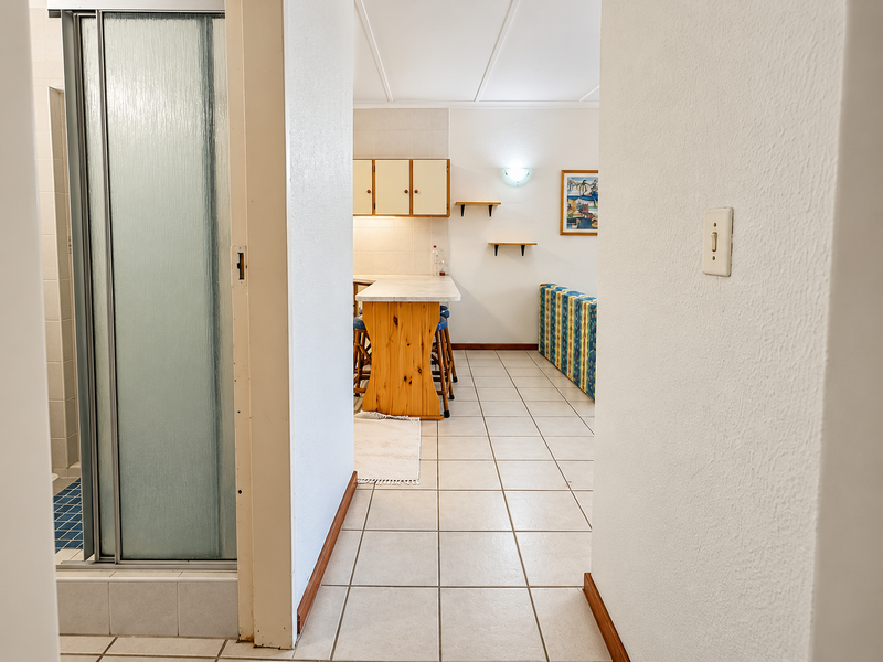 An open-plan living and kitchen area featuring tiled flooring, a kitchen island, and an adjacent shower enclosure with a glass door.