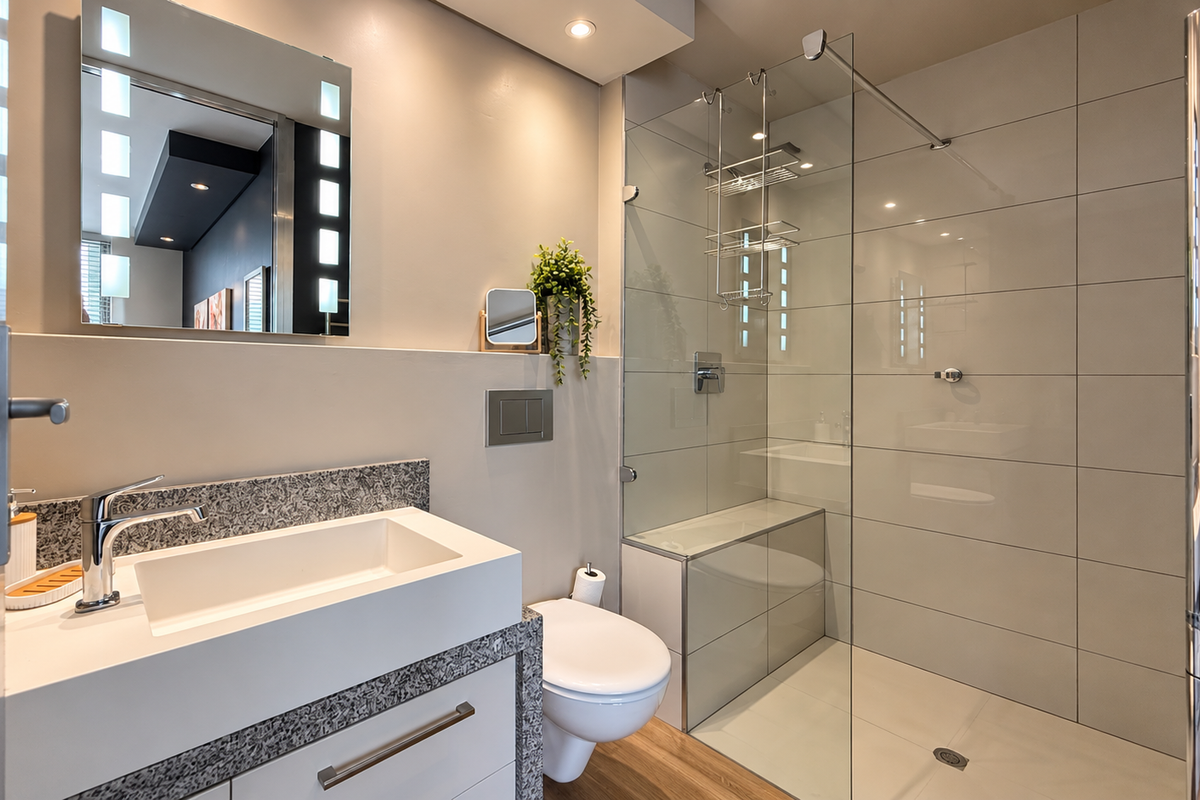Modern bathroom featuring a wall-mounted toilet, glass-enclosed shower, sleek vanity with basin, and a heated towel rail.