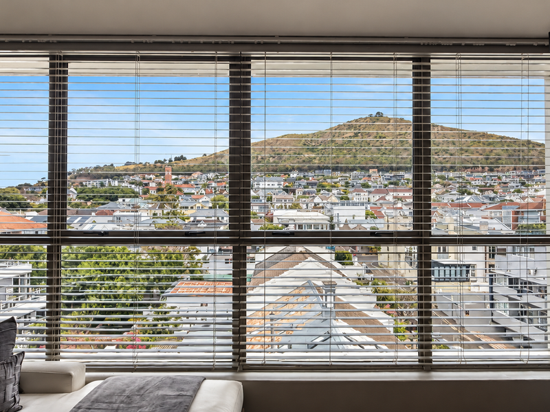 A clear view of the surrounding neighbourhood and mountain through a large window fitted with venetian blinds.