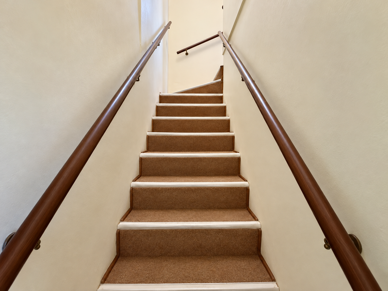 A clean, well-maintained staircase featuring carpeted treads and dual wooden handrails, providing access between levels.
