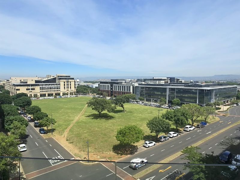 Elevated urban view overlooking a landscaped green space, surrounding commercial buildings, and local street infrastructure.