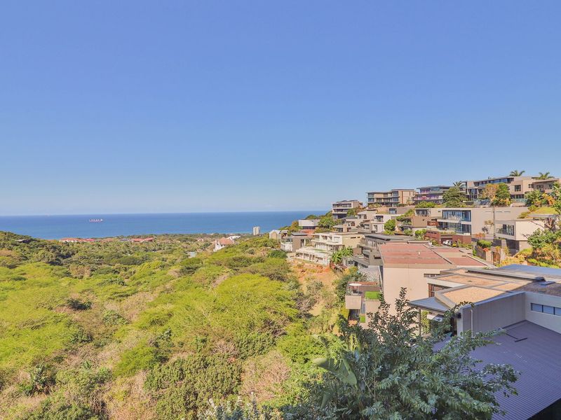 A scenic elevated view overlooking the coastal landscape, lush green vegetation, and surrounding residential estate architecture with the ocean in the distance.