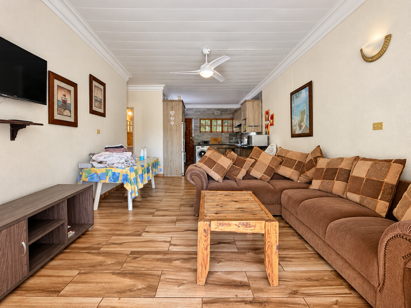 Open-plan living area featuring wood-look tile flooring, a ceiling fan, and a connected kitchen space with built-in cabinetry.
