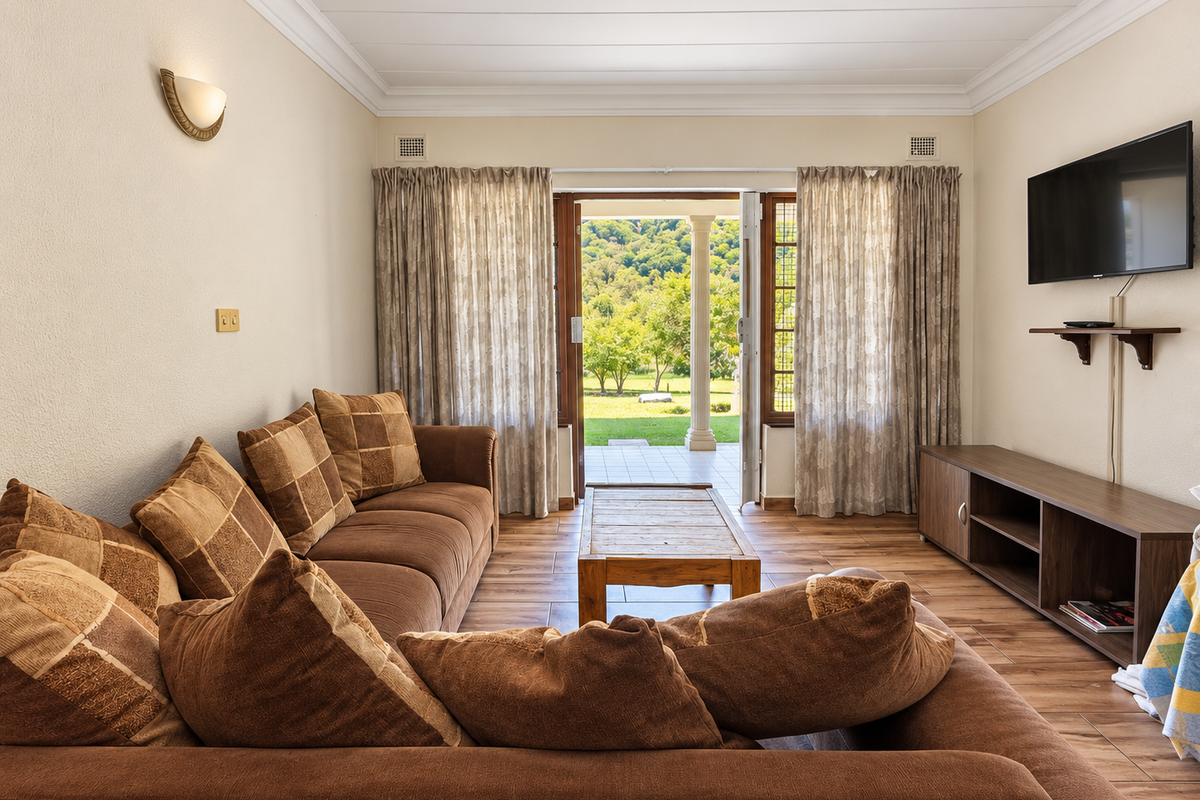 A comfortable living room featuring wood-look tile flooring, crown molding, and direct access to a patio with scenic garden views.