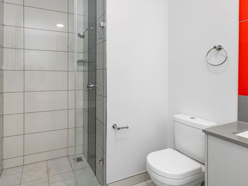 A modern, clean bathroom featuring a walk-in shower with glass screen, a white toilet, and a vanity unit.