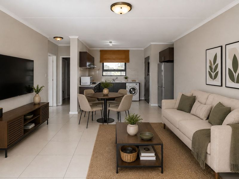 An open-plan living and kitchen area featuring neutral tiled flooring, modern cabinetry, and a functional layout connecting the lounge and dining space.