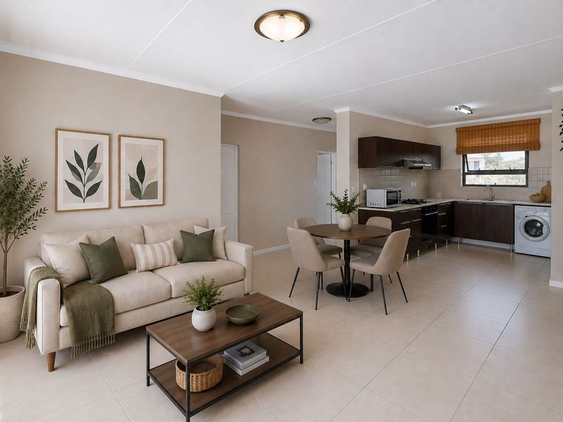 An open-plan living and kitchen area featuring tiled flooring, dark wood cabinetry, and a functional kitchen layout with integrated appliances.