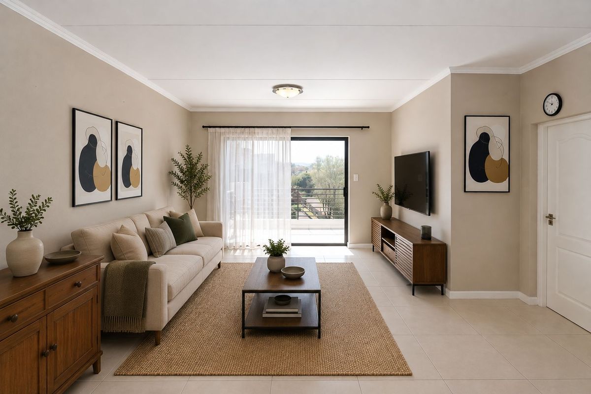 A well-maintained living room featuring neutral wall tones, tiled flooring, and a sliding glass door providing access to an outdoor balcony area.