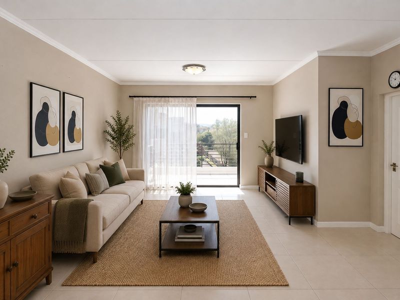 A well-maintained living room featuring neutral wall tones, tiled flooring, and a sliding glass door providing access to an outdoor balcony area.