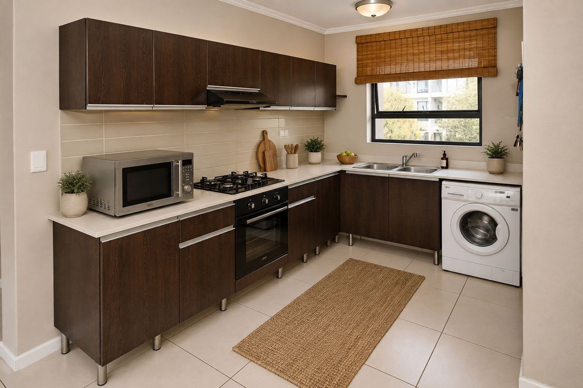 Modern kitchen featuring dark wood cabinetry, stone countertops, gas hob, built-in oven, and integrated laundry plumbing.