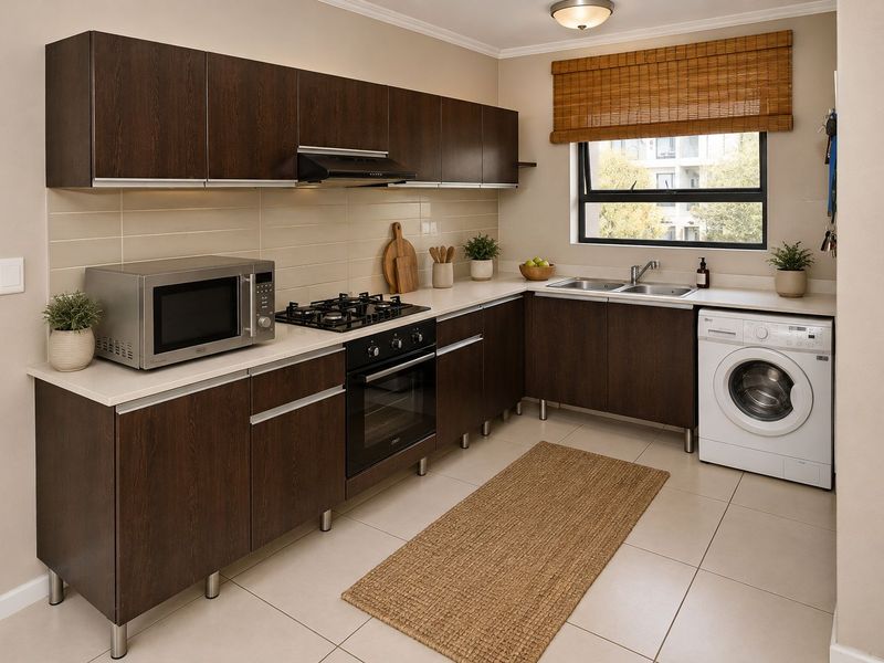 Modern kitchen featuring dark wood cabinetry, stone countertops, gas hob, built-in oven, and integrated laundry plumbing.