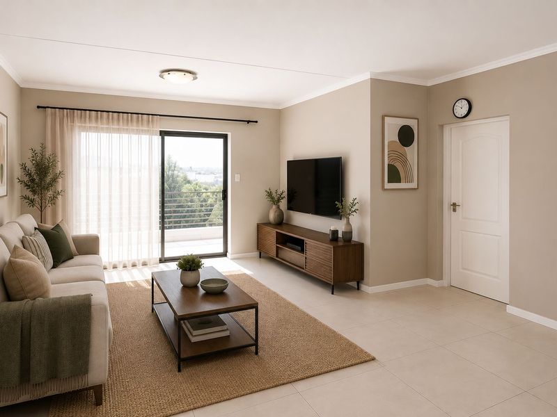 A bright and well-maintained living room featuring neutral wall tones, tiled flooring, and a sliding glass door providing access to an outdoor balcony.