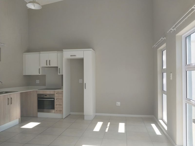 A bright, modern kitchen featuring neutral cabinetry, built-in oven and hob, tiled flooring, and large windows allowing for ample natural light.