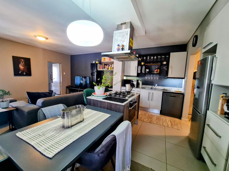 Open-plan living area featuring a modern kitchen with built-in cabinetry, stainless steel appliances, and a central island, seamlessly flowing into the dining and lounge space.