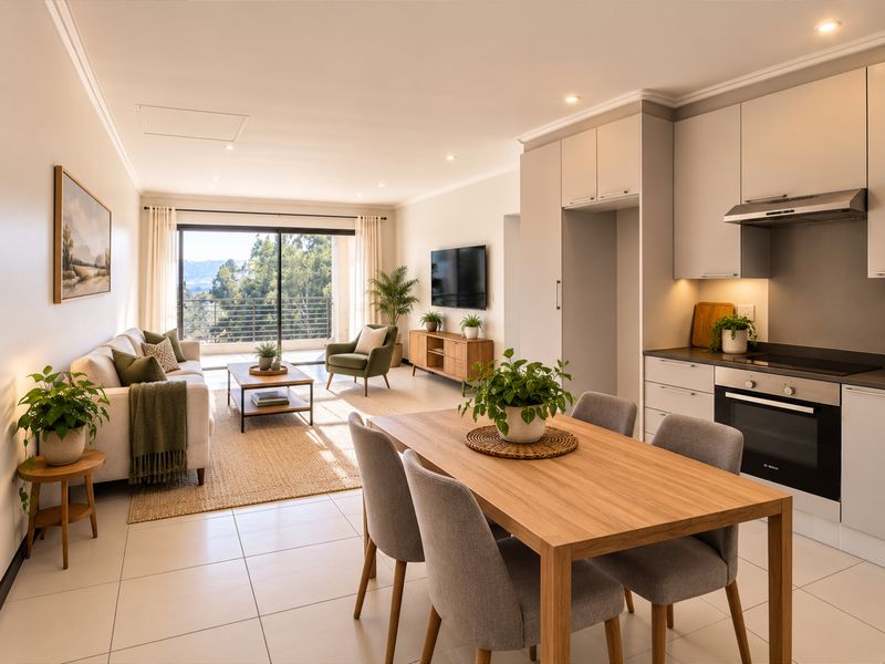 Modern open-plan living area featuring a sleek kitchen with built-in appliances, tiled floors, and large sliding doors leading to a balcony with scenic views.