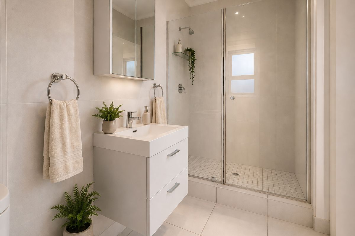 Modern bathroom featuring a wall-mounted vanity, mirrored medicine cabinet, and a spacious glass-enclosed shower with neutral tiling throughout.