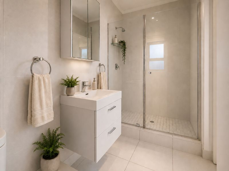 Modern bathroom featuring a wall-mounted vanity, mirrored medicine cabinet, and a spacious glass-enclosed shower with neutral tiling throughout.