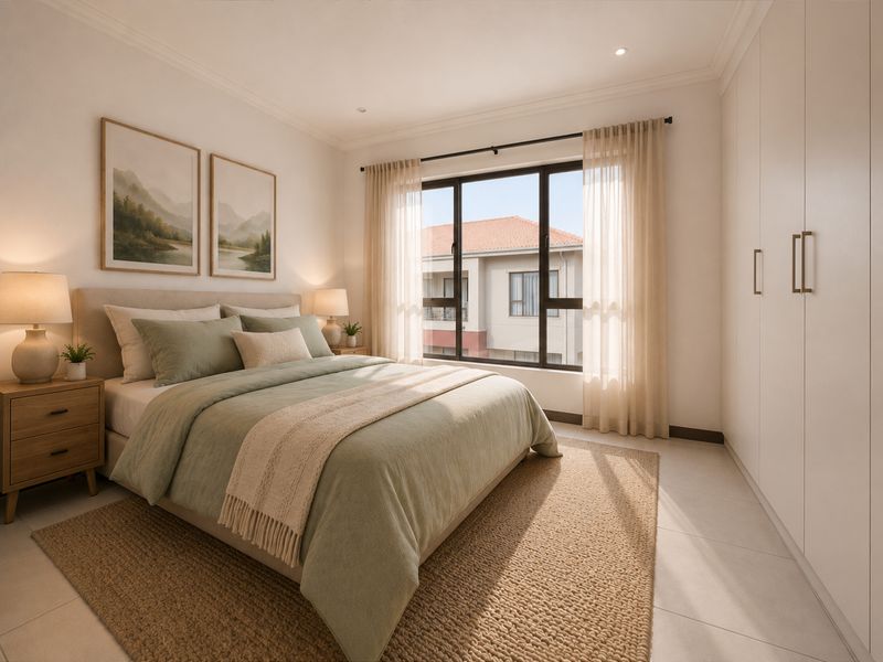 A well-lit, modern bedroom featuring neutral tones, built-in cupboards, tiled flooring, and large windows allowing for natural light.